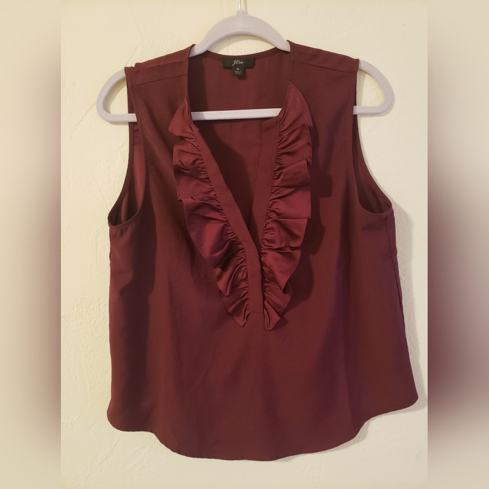 J Crew women's sleeveless top, burgandy, ruffled v-neck. Sz M
